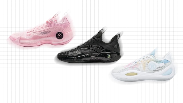 Side view of three multicolor basketball shoes.